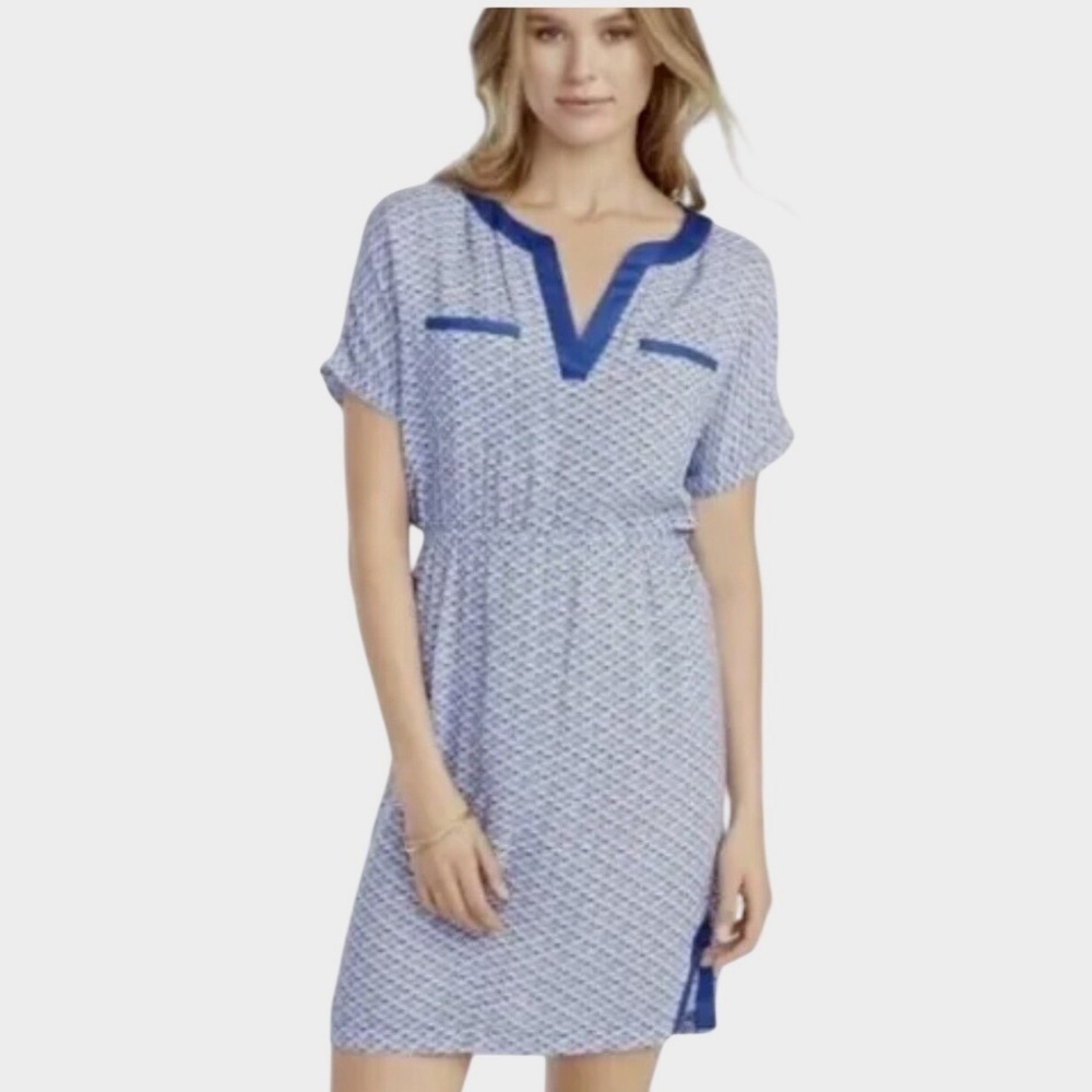 Tommy Bahama Womens Blue Fan Festival Split Neck Rayon Shift Dress XL EUC
